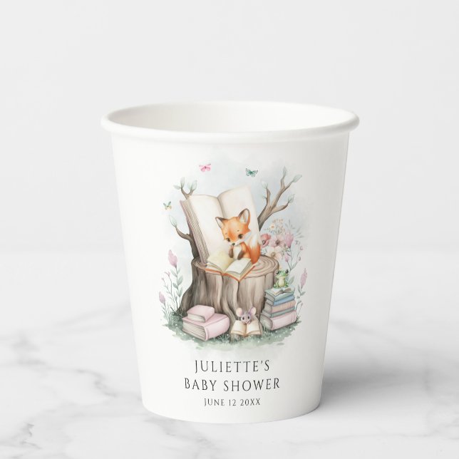Elegant Gender Neutral Floral Books Baby Shower Paper Cups (Back)