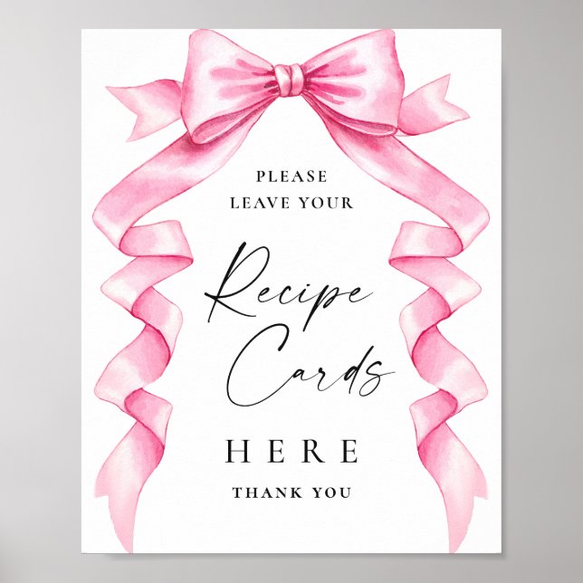 Elegant Gentle Pink Bow Bridal Shower Recipe Cards Poster (Front)