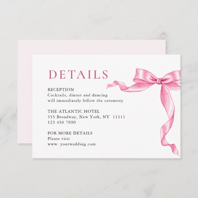 Elegant Gentle Pink Hand Drawn Bow Wedding Details Enclosure Card (Front/Back)
