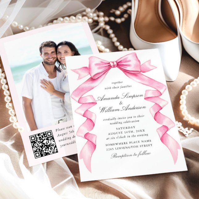 Elegant Gentle Pink Hand Drawn Bow Wedding Invitation (Creator Uploaded)