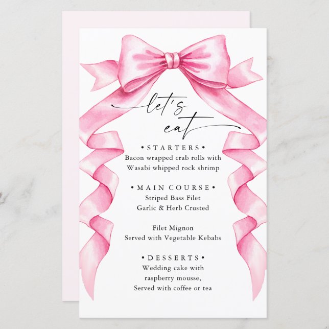 Elegant Gentle Pink Hand Drawn Bow Wedding Menu (Front/Back)