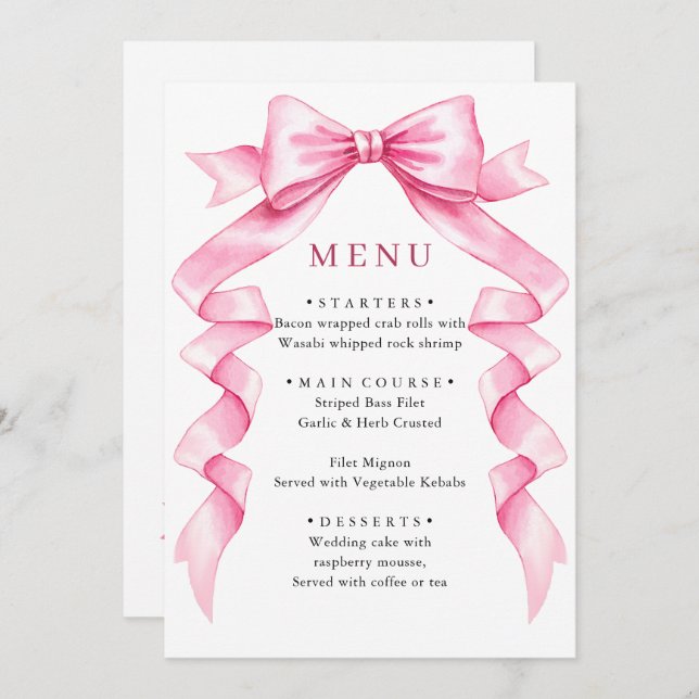 Elegant Gentle Pink Hand Drawn Bow Wedding Menu (Front/Back)