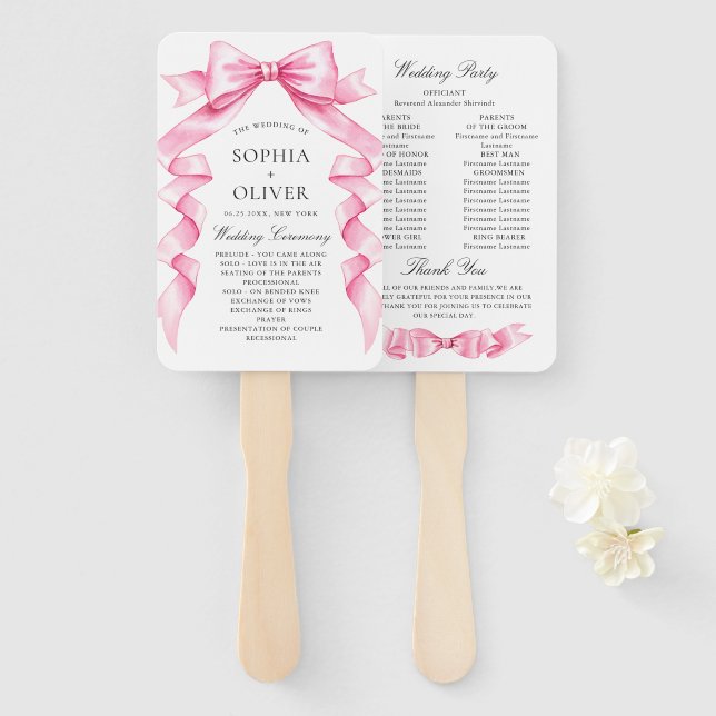 Elegant Gentle Pink Hand Drawn Bow Wedding Program Hand Fan (Front and Back)