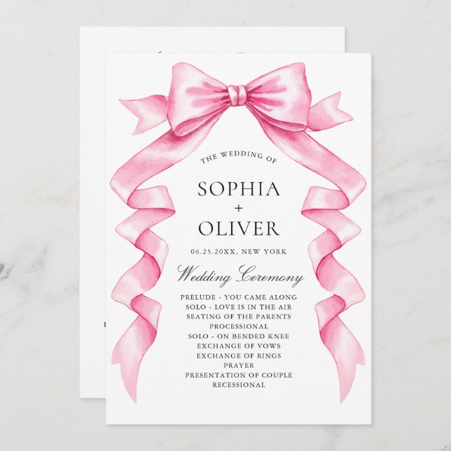 Elegant Gentle Pink Hand Drawn Bow Wedding Program Programme (Front/Back)