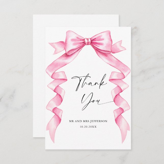 Elegant Gentle Pink Hand Drawn Bow Wedding Thank You Card (Front/Back)