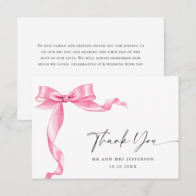 Elegant Gentle Pink Hand Drawn Bow Wedding Thank You Card (Front/Back)