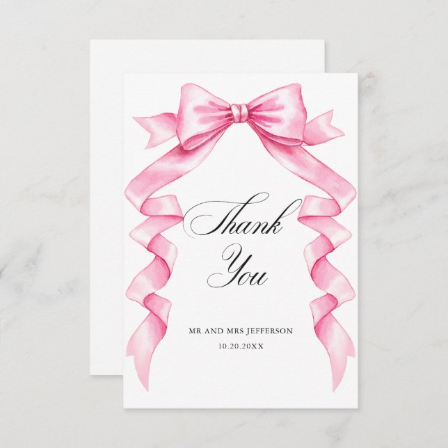 Elegant Gentle Pink Hand Drawn Bow Wedding Thank You Card (Front/Back)