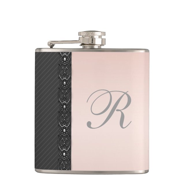 Elegant gentle stripes lace wedding monogram hip flask (Front)