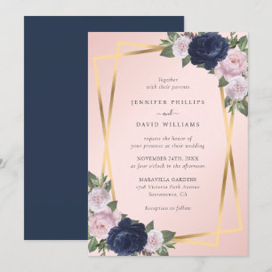 Elegant Geo Gold Navy Blue Blush Botanical Wedding Invitation
