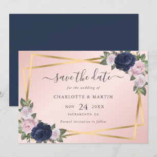 Elegant Geo Navy Blue Blush Gold Botanical Wedding Save The Date