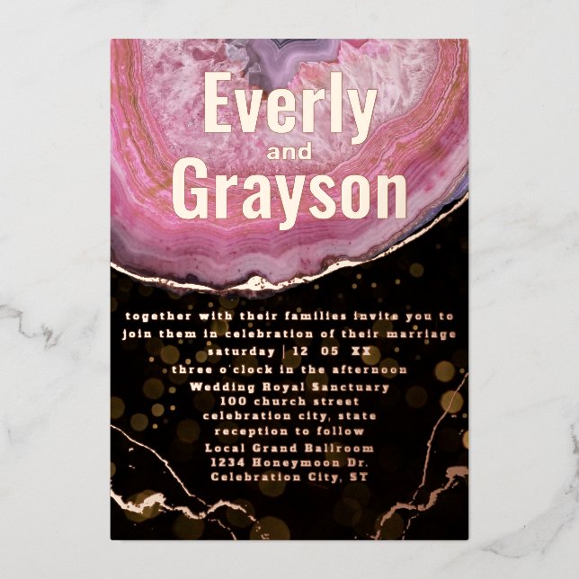 Elegant Geode Pink & Gold Wedding    Foil Invitati (Front)