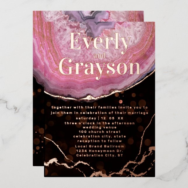 Elegant Geode Pink & Gold Wedding    Foil Invitati (Front/Back)
