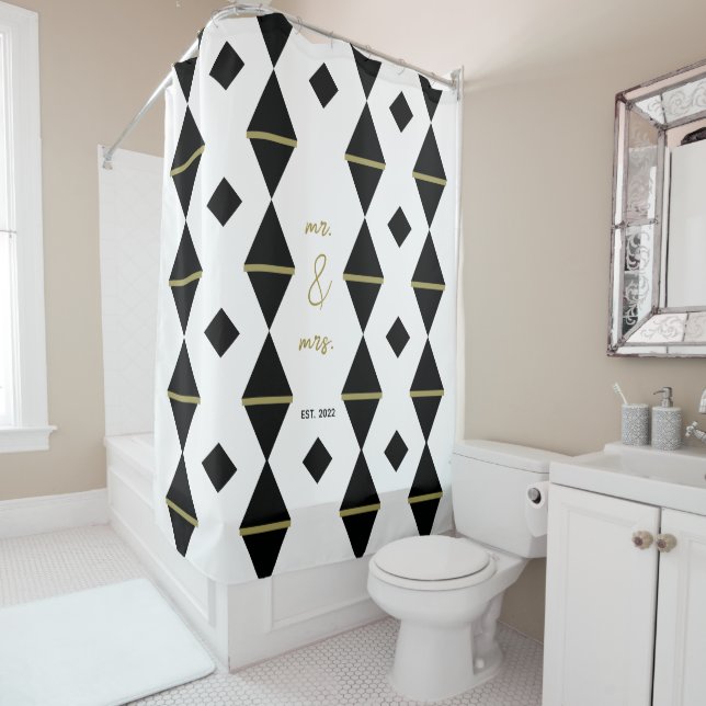 Elegant Geometric Black White Gold Couple Wedding Shower Curtain (In Situ)
