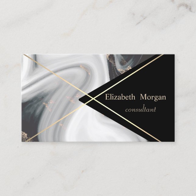 Elegant Geometric Black White Marble Gold Stripes Business Card (Front)