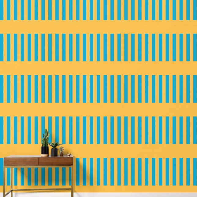 Elegant Geometric Blue and Yellow Striped Pattern Wallpaper (Hallway)