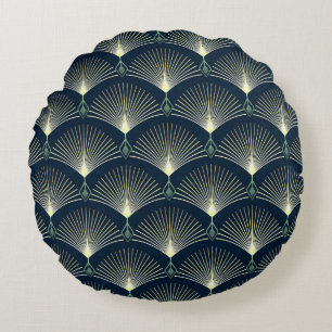 Elegant Geometric: Blue Art Deco. Round Cushion