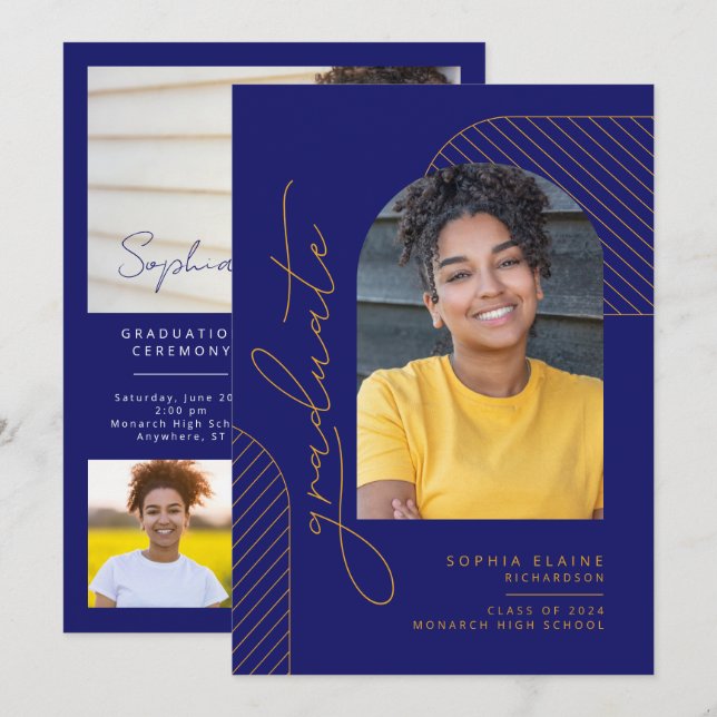 Elegant Geometric Blue Yellow Gold Graduation Announcement (Front/Back)