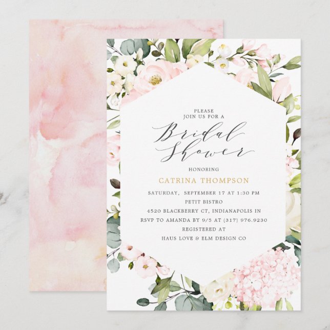 Elegant Geometric Blush Floral Bridal Shower Invitation (Front/Back)