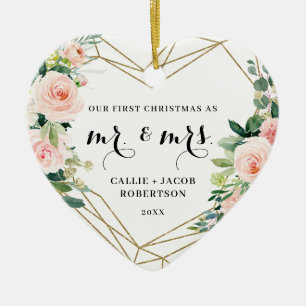 Elegant Geometric Blush Floral First Christmas Ceramic Tree Decoration