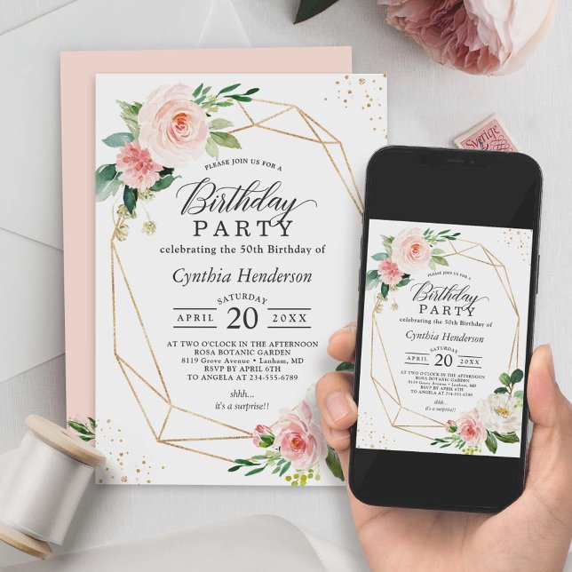 Elegant Geometric Blush Pink Floral Birthday Party Invitation (Creator Uploaded)