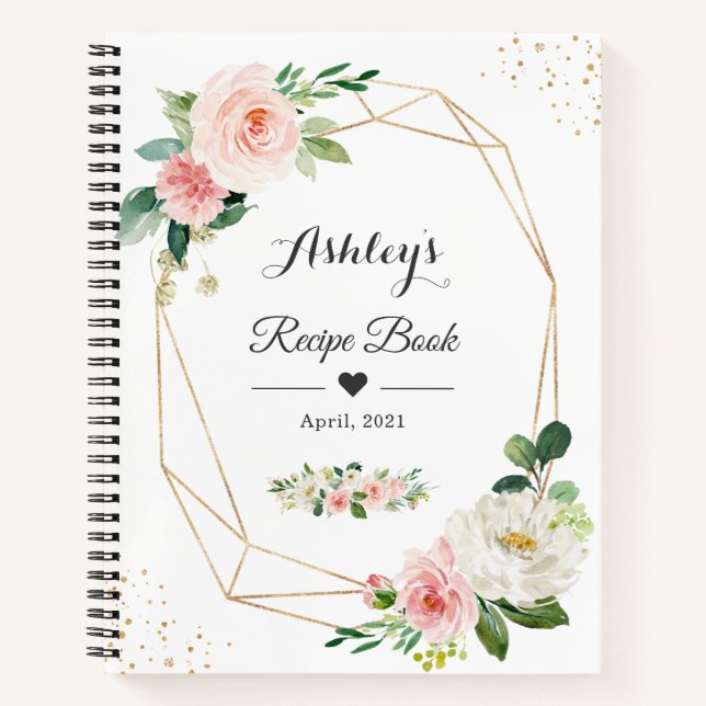 Elegant Geometric Blush Pink Floral Recipe Book (Front)