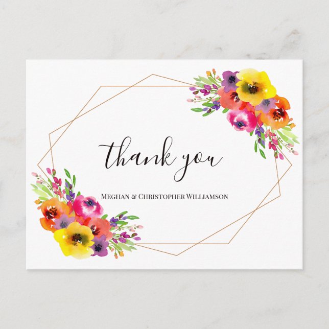 Elegant Geometric Bright Floral Wedding Thank You Postcard (Front)