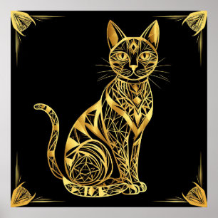 Elegant Geometric Cat Illustration in Golden Hues Poster