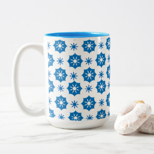 Elegant Geometric Floral Blue And White Pattern Two-Tone Coffee Mug
