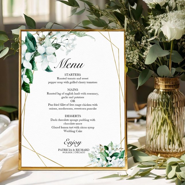 Elegant Geometric Floral Greenery Wedding Menu Poster (Creator Uploaded)