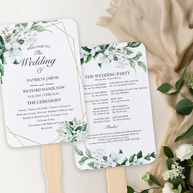 Elegant Geometric Floral Greenery Wedding Program Hand Fan (Creator Uploaded)