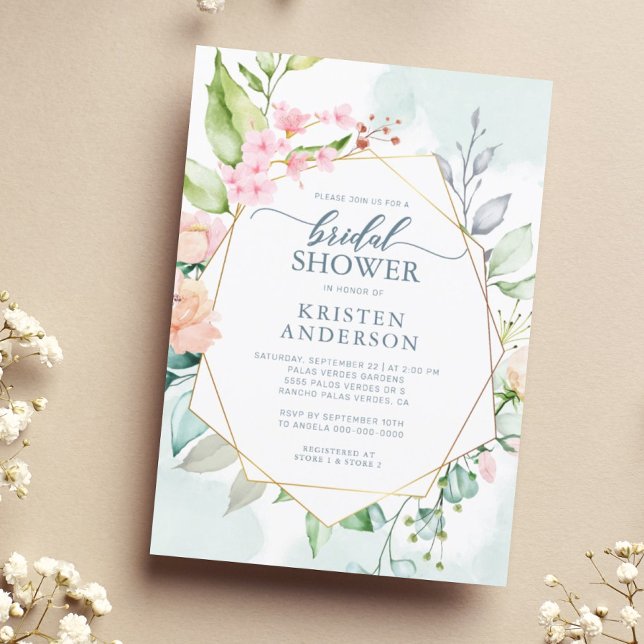 Elegant Geometric Floral Watercolor Bridal Shower Invitation (Creator Uploaded)