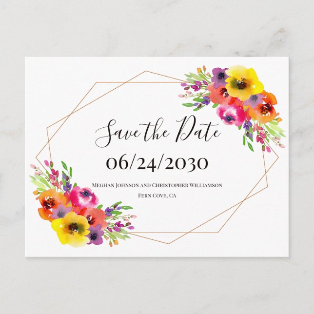 Elegant Geometric Floral Wedding Save the Date Postcard (Front)