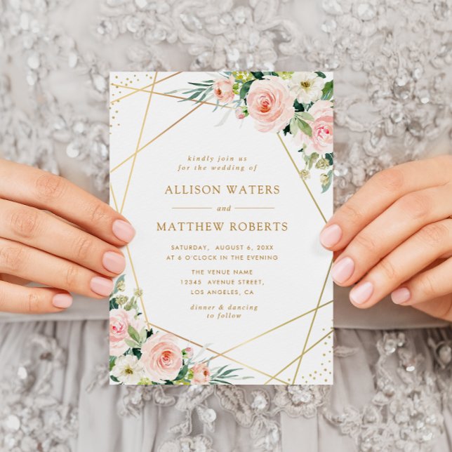 elegant geometric frame blush pink floral wedding invitation (Creator Uploaded)
