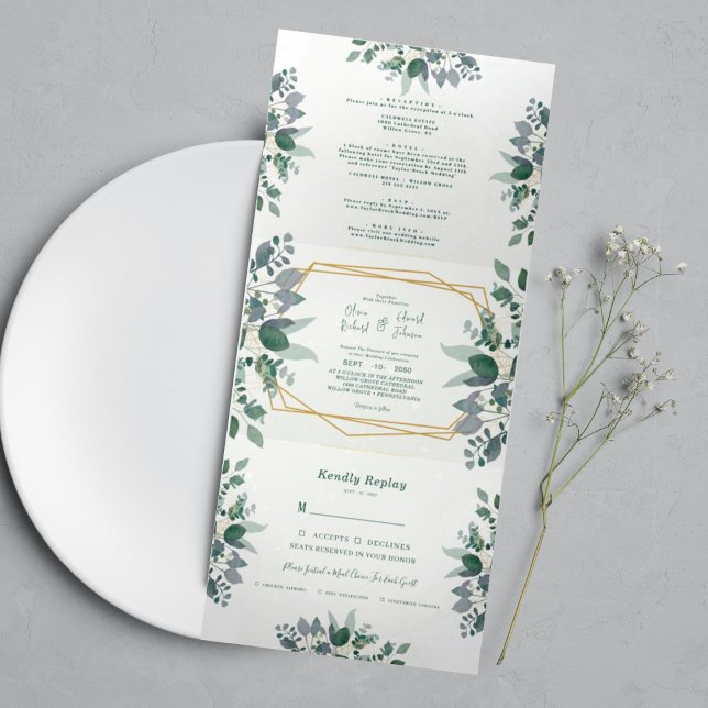 Elegant Geometric Frame green | photo Wedding Tri-Fold Invitation (Creator Uploaded)