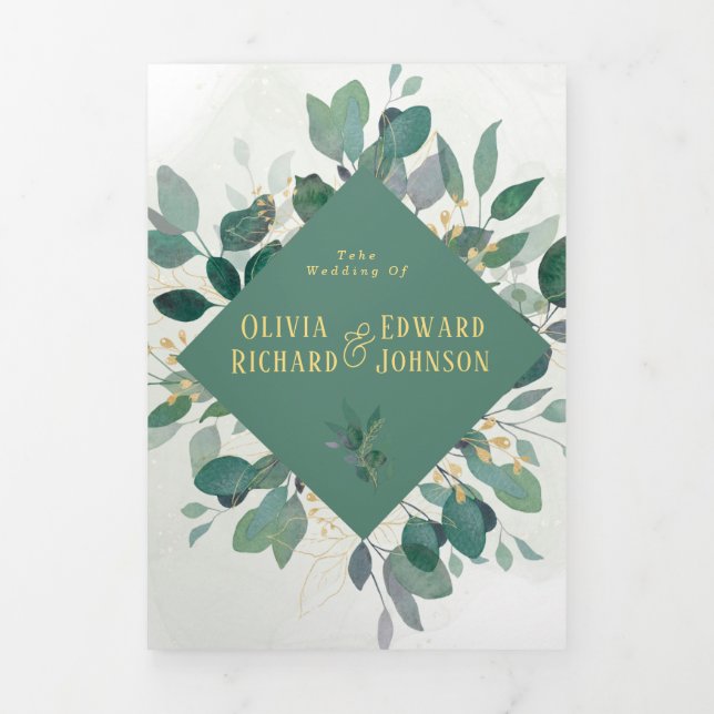 Elegant Geometric Frame leaves | photo Wedding Tri-Fold Invitation (Cover)
