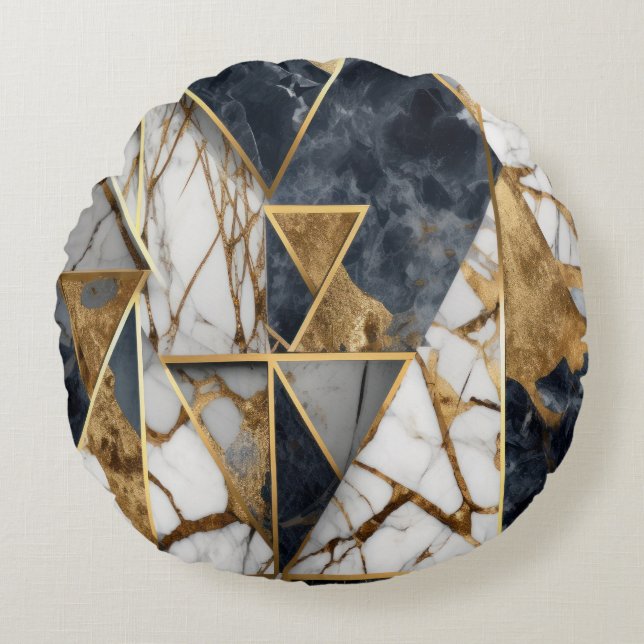 Elegant Geometric Gold Black Marble  Round Cushion (Front)