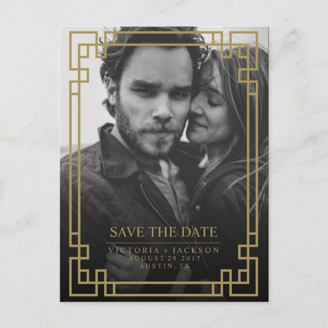 ELEGANT GEOMETRIC GOLD FRAME PHOTO SAVE THE DATE ANNOUNCEMENT POSTCARD (Front)