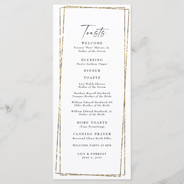 Elegant Geometric Gold Frame Wedding Toasts Menu (Front)