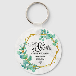 Elegant Geometric Gold Frame with Eucalyptus Leave Key Ring