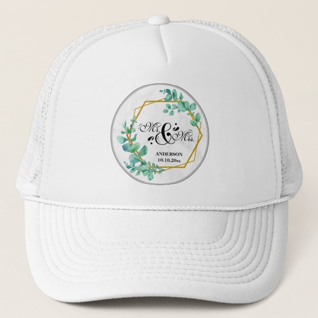Elegant Geometric Gold Frame with Eucalyptus Leave Trucker Hat (Front)