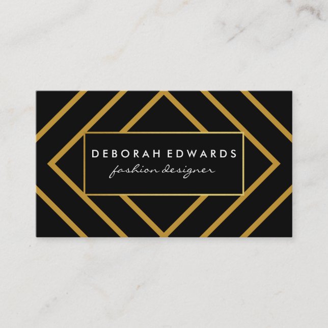 Elegant Geometric Gold Lines with Black Business Card (Front)