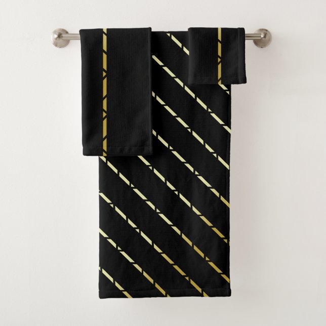 Elegant Geometric Gold Pattern On Black Bath Towel Set (Insitu)
