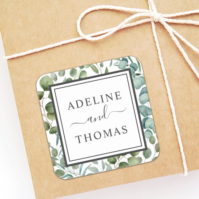 Elegant Geometric Greenery Wedding Monogram Square Sticker (Creator Uploaded)