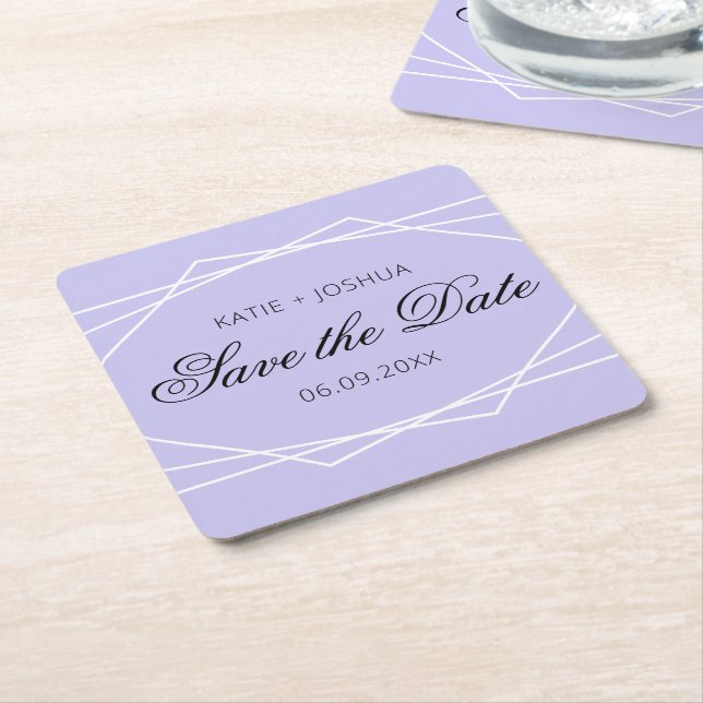 Elegant Geometric Lavender Save the Date Square Paper Coaster (Angled)