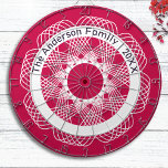Elegant Geometric Line Art Red White Personalised Dartboard<br><div class="desc">Elevate your games room with this intriguing dartboard. The board features an intricate geometric pattern in white on red, with curved lines creating a detailed line art design. The effect is like a crochet lace mat or a beautifully symmetrical abstract flower. Personalise with with your name(s) and the year for...</div>