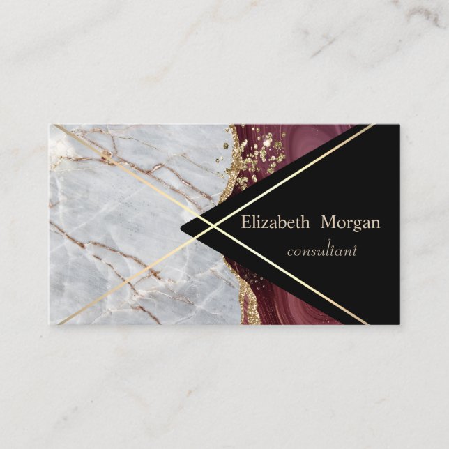 Elegant Geometric Marble Burgundy Gold Stripes  Business Card (Front)