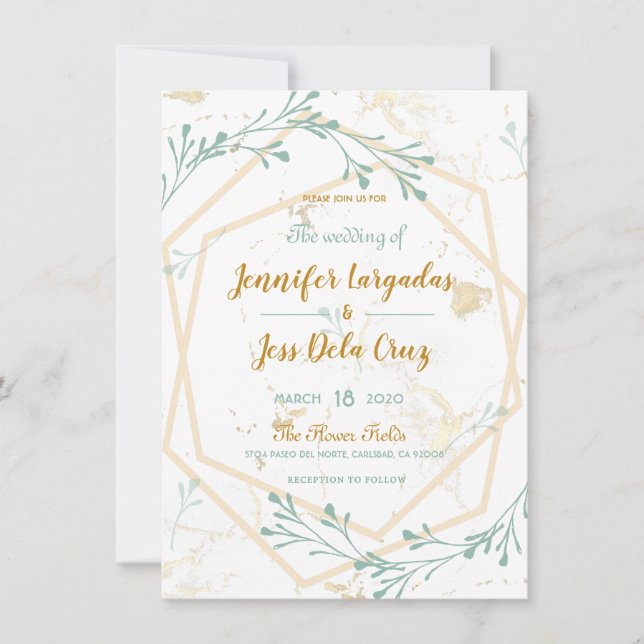 Elegant Geometric Mint-Gold Wedding Invitation (Front)