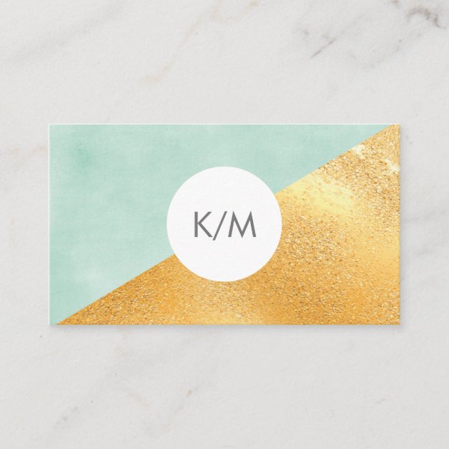 Elegant Geometric Mint Green & Gold Monogram Business Card (Front)