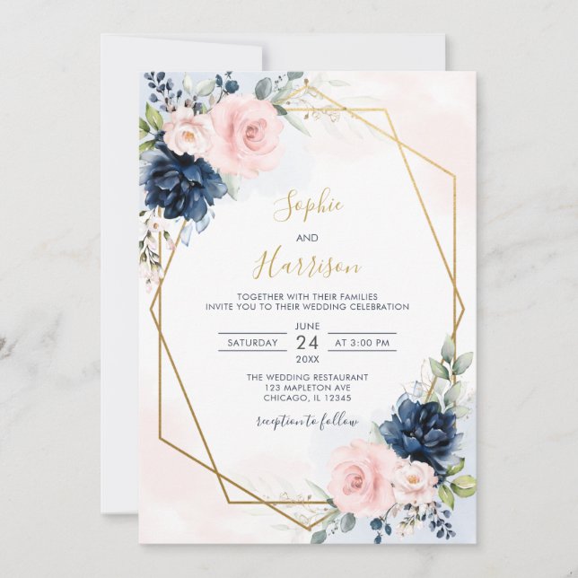 Elegant Geometric Navy and Blush Floral Wedding Invitation (Front)