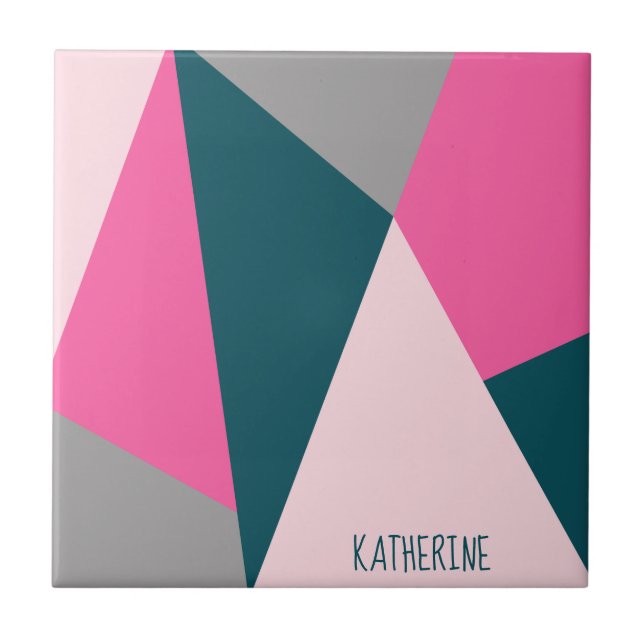 Elegant geometric pastel hot pink emerald green tile (Front)